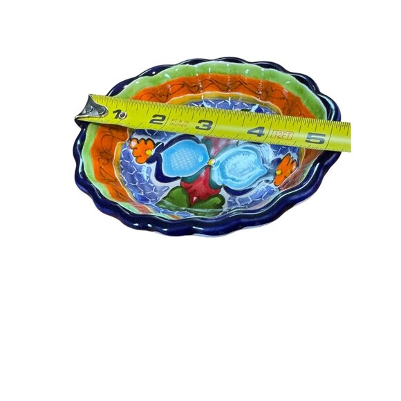 Hand-Painted Mexican Talavera Oval Dish Set Of 2 - Blue & Red Floral Design 5.5" - Picture 4 of 16